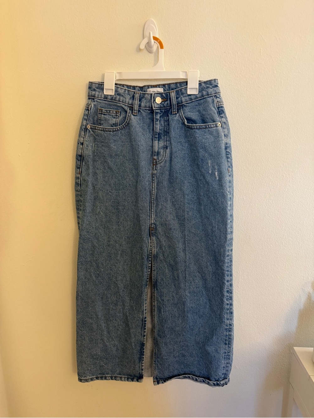 High-Rise Blue Denim Midi Skirt with Front Slit